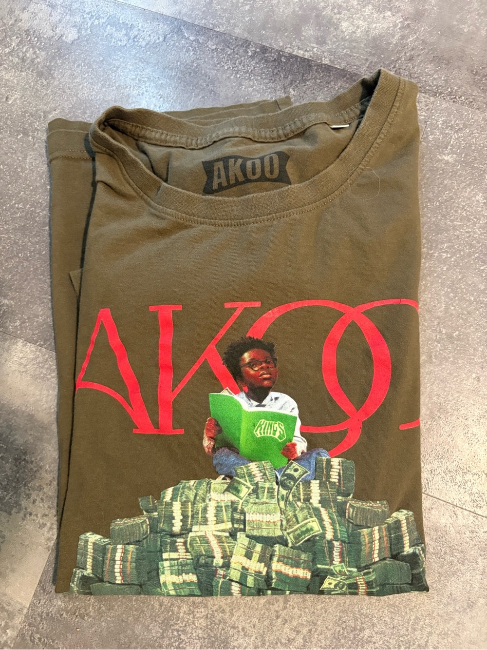 Akoo Olive Short-Sleeve Tee with Red Logo and Multicolor Graphic